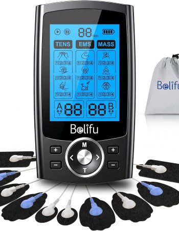 Belifu Dual Channel TENS EMS Unit 36 Modes Muscle Stimulator for Pain Relief Therapy, Electronic Pulse Massager Muscle Massager with 10 Pads, Dust-Proof Drawstring Storage Bag, Fastening Cable Ties