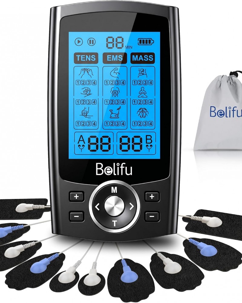 Belifu Dual Channel TENS EMS Unit 36 Modes Muscle Stimulator for Pain Relief Therapy, Electronic Pulse Massager Muscle Massager with 10 Pads, Dust-Proof Drawstring Storage Bag, Fastening Cable Ties
