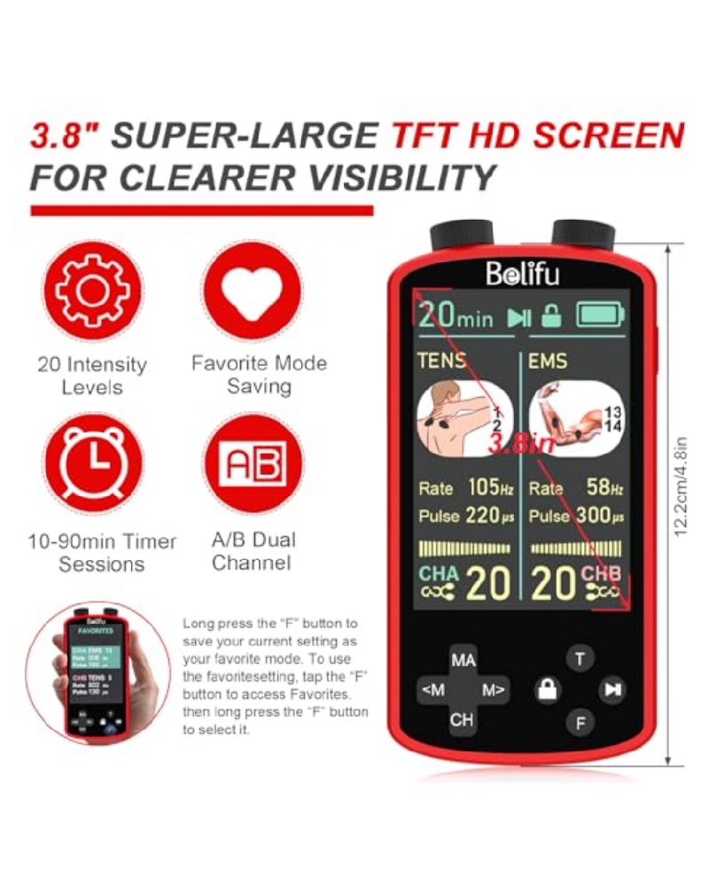 TENS EMS Unit Muscle Stimulator for Pain Relief Therapy - 4 in 1 TENS & EMS & Relax & Custom Frequency + Pulse - Muscle Massager 36 Modes 20 Intensity, Memory & Favorites Function with 600mAh Battery