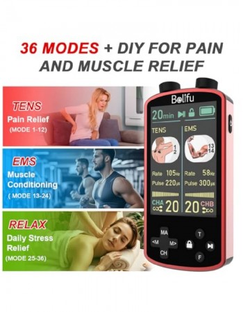 TENS EMS Unit Muscle Stimulator for Pain Relief Therapy - 4 in 1 TENS & EMS & Relax & Custom Frequency + Pulse - Muscle Massager 36 Modes 20 Intensity, Memory & Favorites Function with 600mAh Battery