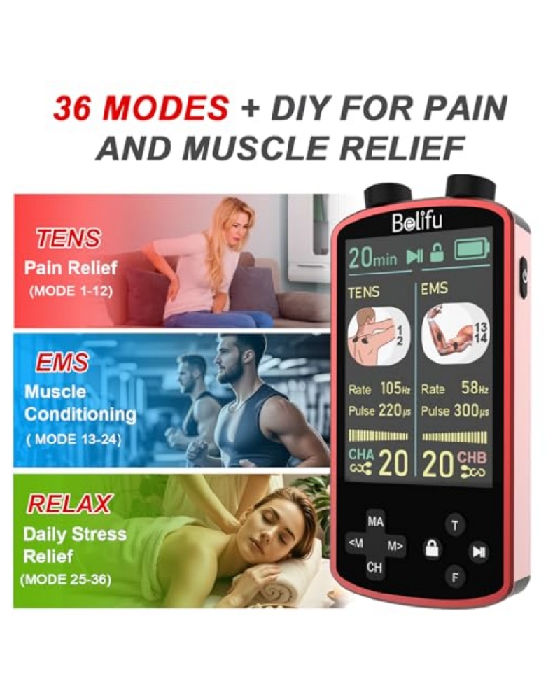 TENS EMS Unit Muscle Stimulator for Pain Relief Therapy - 4 in 1 TENS & EMS & Relax & Custom Frequency + Pulse - Muscle Massager 36 Modes 20 Intensity, Memory & Favorites Function with 600mAh Battery