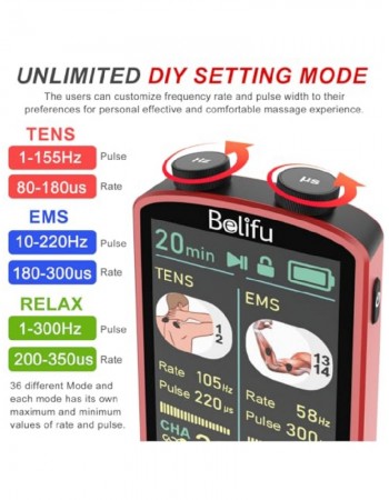 TENS EMS Unit Muscle Stimulator for Pain Relief Therapy - 4 in 1 TENS & EMS & Relax & Custom Frequency + Pulse - Muscle Massager 36 Modes 20 Intensity, Memory & Favorites Function with 600mAh Battery