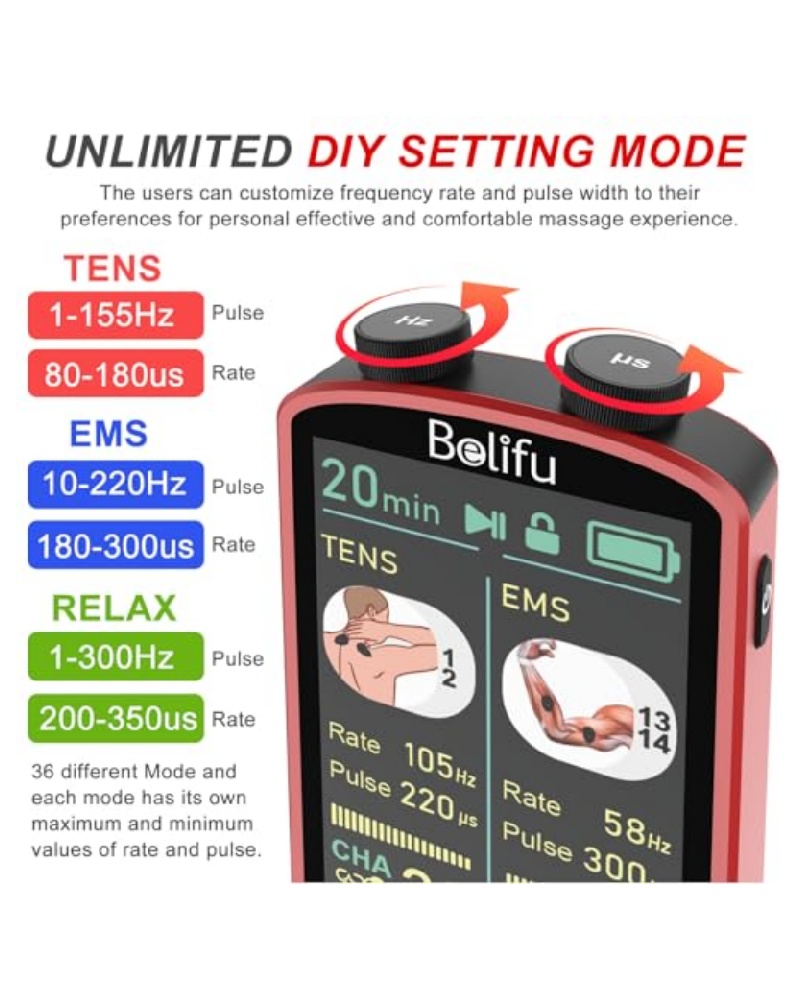 TENS EMS Unit Muscle Stimulator for Pain Relief Therapy - 4 in 1 TENS & EMS & Relax & Custom Frequency + Pulse - Muscle Massager 36 Modes 20 Intensity, Memory & Favorites Function with 600mAh Battery