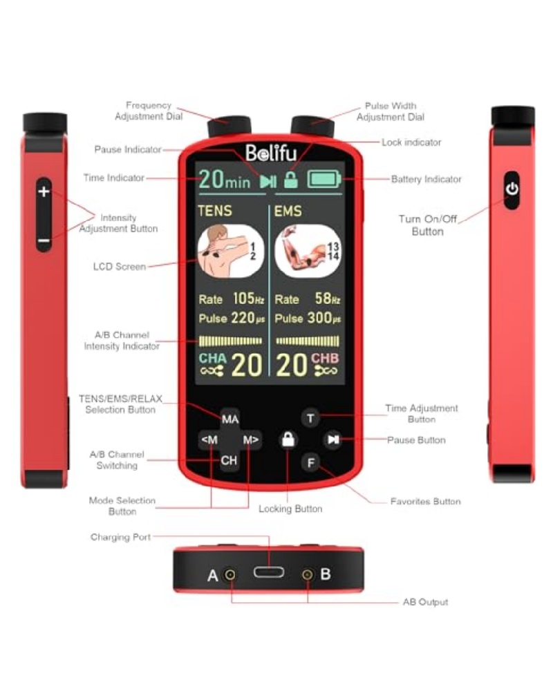 TENS EMS Unit Muscle Stimulator for Pain Relief Therapy - 4 in 1 TENS & EMS & Relax & Custom Frequency + Pulse - Muscle Massager 36 Modes 20 Intensity, Memory & Favorites Function with 600mAh Battery