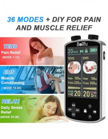 TENS EMS Unit Muscle Stimulator for Pain Relief Therapy - 4 in 1 TENS & EMS & Relax & Custom Frequency + Pulse - Muscle Massager 36 Modes 20 Intensity, Memory & Favorites Function with 600mAh Battery
