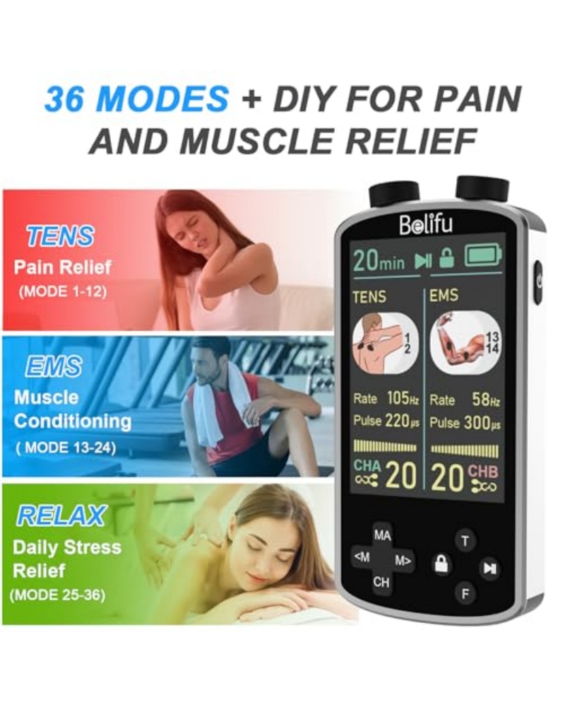 TENS EMS Unit Muscle Stimulator for Pain Relief Therapy - 4 in 1 TENS & EMS & Relax & Custom Frequency + Pulse - Muscle Massager 36 Modes 20 Intensity, Memory & Favorites Function with 600mAh Battery