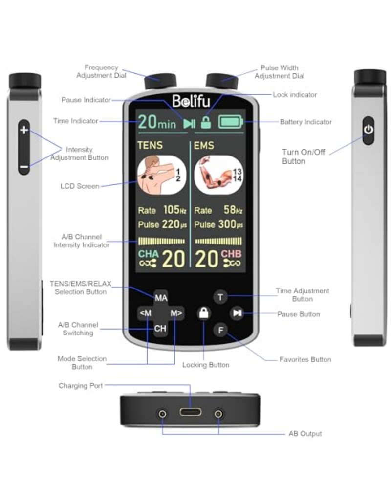 TENS EMS Unit Muscle Stimulator for Pain Relief Therapy - 4 in 1 TENS & EMS & Relax & Custom Frequency + Pulse - Muscle Massager 36 Modes 20 Intensity, Memory & Favorites Function with 600mAh Battery