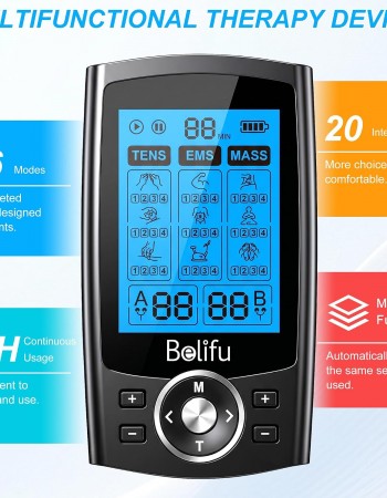 Belifu Dual Channel TENS EMS Unit 36 Modes Muscle Stimulator for Pain Relief Therapy, Electronic Pulse Massager Muscle Massager with 10 Pads, Dust-Proof Drawstring Storage Bag, Fastening Cable Ties