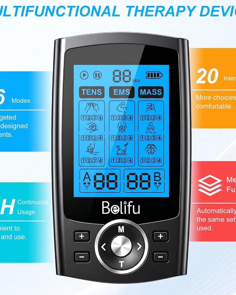 Belifu Dual Channel TENS EMS Unit 36 Modes Muscle Stimulator for Pain Relief Therapy, Electronic Pulse Massager Muscle Massager with 10 Pads, Dust-Proof Drawstring Storage Bag, Fastening Cable Ties