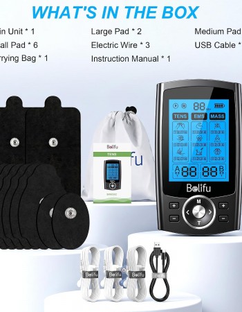 Belifu Dual Channel TENS EMS Unit 36 Modes Muscle Stimulator for Pain Relief Therapy, Electronic Pulse Massager Muscle Massager with 10 Pads, Dust-Proof Drawstring Storage Bag, Fastening Cable Ties