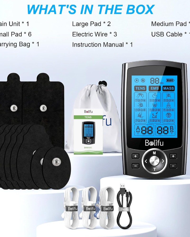 Belifu Dual Channel TENS EMS Unit 36 Modes Muscle Stimulator for Pain Relief Therapy, Electronic Pulse Massager Muscle Massager with 10 Pads, Dust-Proof Drawstring Storage Bag, Fastening Cable Ties