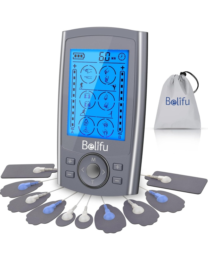 Belifu Dual Channel TENS EMS Unit 24 Modes Muscle Stimulator for Pain Relief Therapy, Electronic Pulse Massager Muscle Massager with 10 Pads, Dust-Proof Drawstring Storage Bag, Fastening Cable Ties