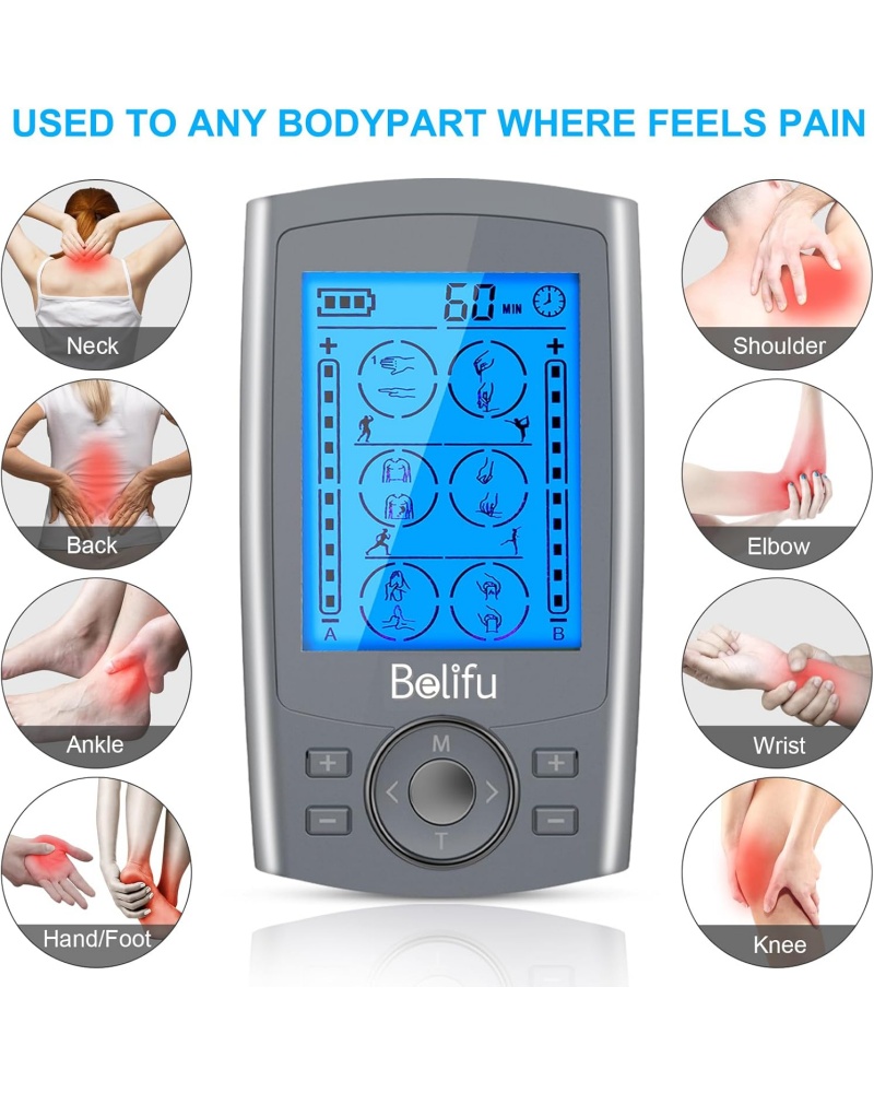 Belifu Dual Channel TENS EMS Unit 24 Modes Muscle Stimulator for Pain Relief Therapy, Electronic Pulse Massager Muscle Massager with 10 Pads, Dust-Proof Drawstring Storage Bag, Fastening Cable Ties