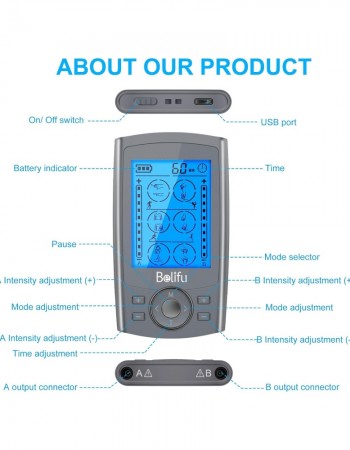 Belifu Dual Channel TENS EMS Unit 24 Modes Muscle Stimulator for Pain Relief Therapy, Electronic Pulse Massager Muscle Massager with 10 Pads, Dust-Proof Drawstring Storage Bag, Fastening Cable Ties