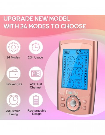 Belifu Dual Channel TENS EMS Unit 24 Modes Muscle Stimulator for Pain Relief Therapy, Electronic Pulse Massager Muscle Massager with 10 Pads, Dust-Proof Drawstring Storage Bag
