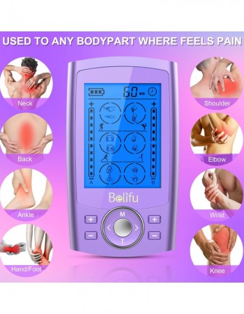 Belfiu TENS & PMS 24 Modes Muscle Stimulator for Pain Relief Therapy, Electronic Pulse Massager Muscle Massager with 10 Pads, Dust-Proof Drawstring Storage Bag, Fastening Cable Ties