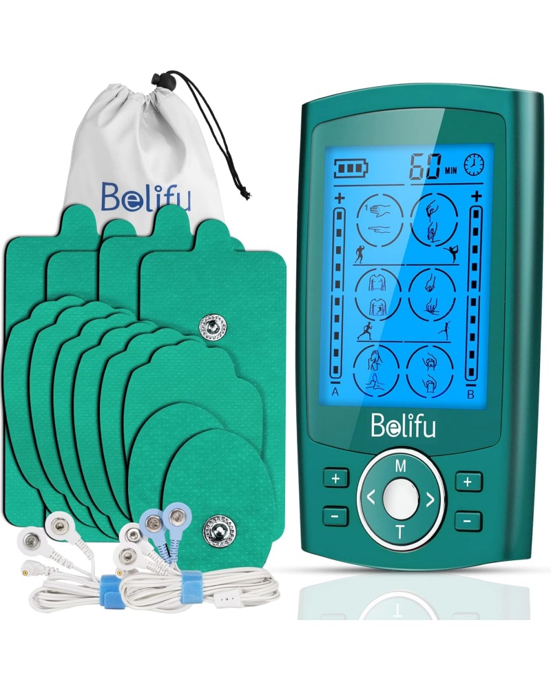 Belifu Dual Channel TENS EMS Unit with 12 Pads, 24 Modes Muscle Stimulator, Electronic Pulse Massager Muscle Massager for Pain Relief Therapy, Fastening Cable Ties, Dust-Proof Drawstring Storage Bag
