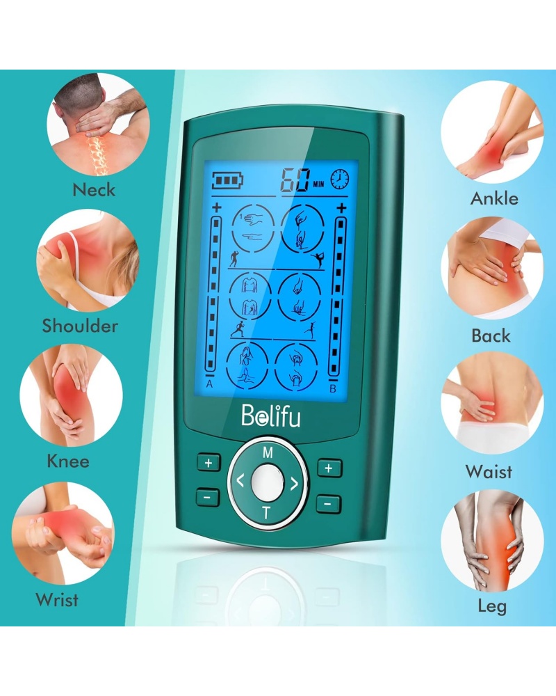 Belifu Dual Channel TENS EMS Unit with 12 Pads, 24 Modes Muscle Stimulator, Electronic Pulse Massager Muscle Massager for Pain Relief Therapy, Fastening Cable Ties, Dust-Proof Drawstring Storage Bag