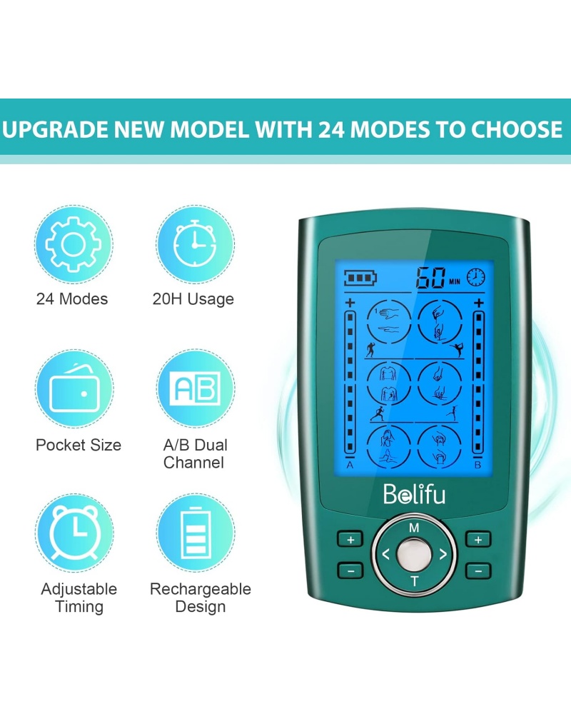 Belifu Dual Channel TENS EMS Unit with 12 Pads, 24 Modes Muscle Stimulator, Electronic Pulse Massager Muscle Massager for Pain Relief Therapy, Fastening Cable Ties, Dust-Proof Drawstring Storage Bag