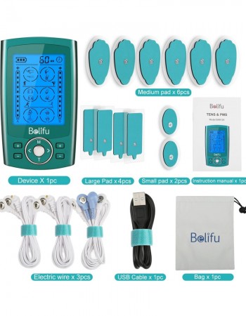 Belifu Dual Channel TENS EMS Unit with 12 Pads, 24 Modes Muscle Stimulator, Electronic Pulse Massager Muscle Massager for Pain Relief Therapy, Fastening Cable Ties, Dust-Proof Drawstring Storage Bag