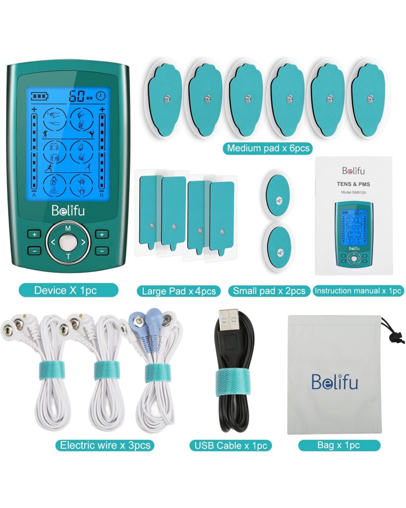 Belifu Dual Channel TENS EMS Unit with 12 Pads, 24 Modes Muscle Stimulator, Electronic Pulse Massager Muscle Massager for Pain Relief Therapy, Fastening Cable Ties, Dust-Proof Drawstring Storage Bag