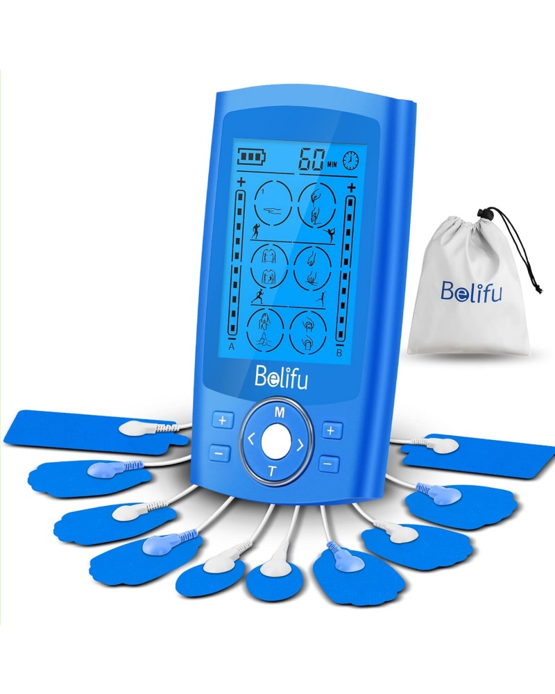 Belifu Dual Channel TENS EMS Unit 24 Modes Muscle Stimulator for Pain Relief Therapy, Electronic Pulse Massager Muscle Massager with 10 Pads, Dust-Proof Drawstring Storage Bag, Fastening Cable Ties