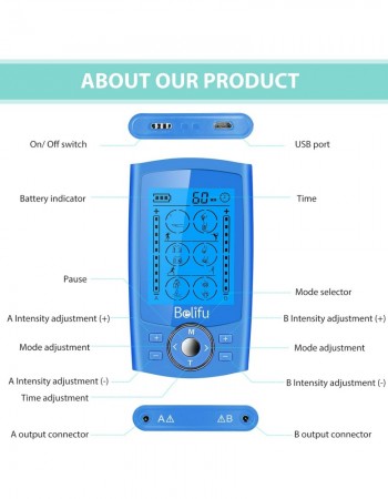 Belifu Dual Channel TENS EMS Unit 24 Modes Muscle Stimulator for Pain Relief Therapy, Electronic Pulse Massager Muscle Massager with 10 Pads, Dust-Proof Drawstring Storage Bag, Fastening Cable Ties