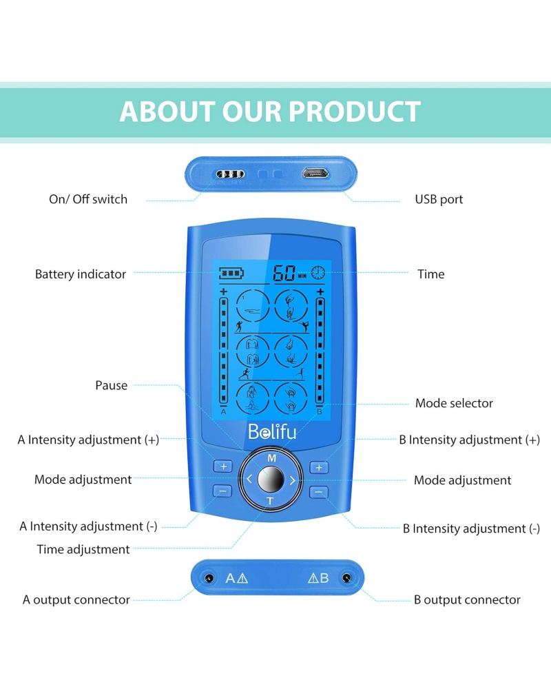Belifu Dual Channel TENS EMS Unit 24 Modes Muscle Stimulator for Pain Relief Therapy, Electronic Pulse Massager Muscle Massager with 10 Pads, Dust-Proof Drawstring Storage Bag, Fastening Cable Ties