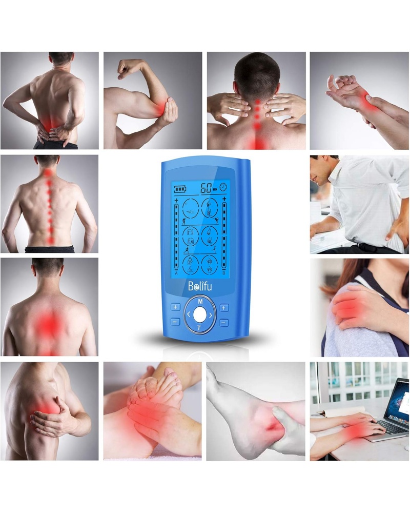 Belifu Dual Channel TENS EMS Unit 24 Modes Muscle Stimulator for Pain Relief Therapy, Electronic Pulse Massager Muscle Massager with 10 Pads, Dust-Proof Drawstring Storage Bag, Fastening Cable Ties