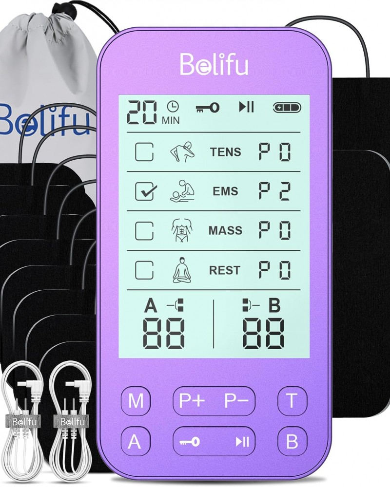 Belifu TENS Muscle Stimulator Unit for Pain Relief, Electronic Pulse Therapy Machine with 36 Mode 20 Intensities, Rechargeable & Portable – Neck, Back, Shoulder, Joint Pain Relief, Color Purple