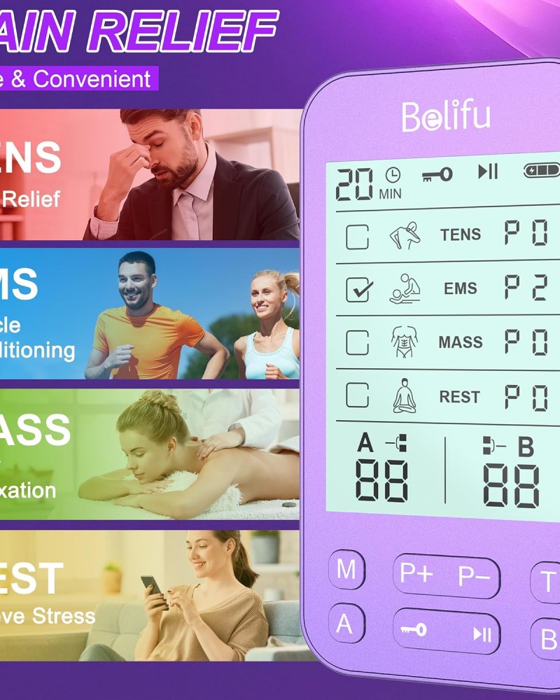 Belifu TENS Muscle Stimulator Unit for Pain Relief, Electronic Pulse Therapy Machine with 36 Mode 20 Intensities, Rechargeable & Portable – Neck, Back, Shoulder, Joint Pain Relief, Color Purple