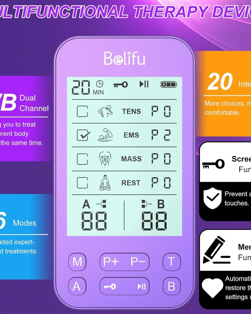 Belifu TENS Muscle Stimulator Unit for Pain Relief, Electronic Pulse Therapy Machine with 36 Mode 20 Intensities, Rechargeable & Portable – Neck, Back, Shoulder, Joint Pain Relief, Color Purple