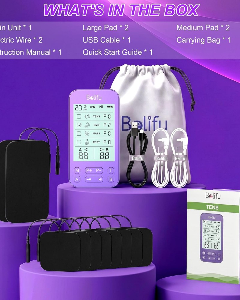 Belifu TENS Muscle Stimulator Unit for Pain Relief, Electronic Pulse Therapy Machine with 36 Mode 20 Intensities, Rechargeable & Portable – Neck, Back, Shoulder, Joint Pain Relief, Color Purple