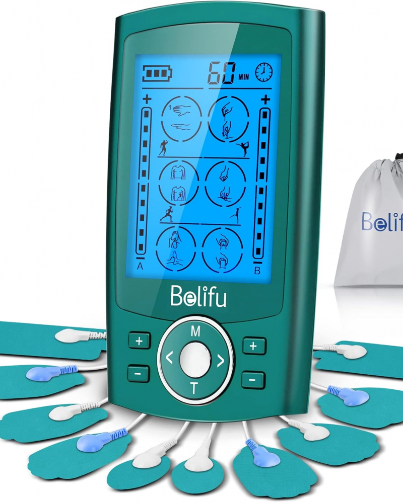 Belifu Dual Channel TENS EMS Unit 24 Modes Muscle Stimulator for Pain Relief Therapy, Electronic Pulse Massager Muscle Massager with 10 Pads, Dust-Proof Drawstring Storage Bag, Fastening Cable Ties